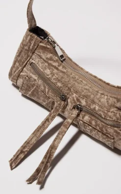Brown Washed Denim Utility Mini Shoulder Bag
