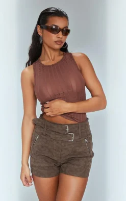 Brown Washed Faux Leather Belted Shorts