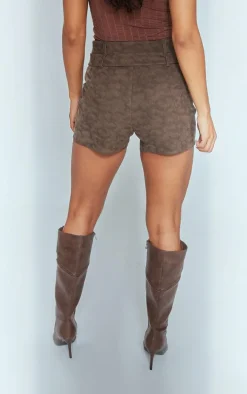 Brown Washed Faux Leather Belted Shorts