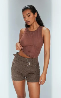 Brown Washed Faux Leather Belted Shorts