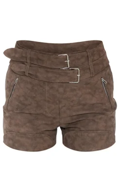 Brown Washed Faux Leather Belted Shorts
