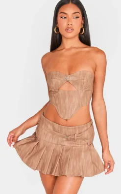 Brown Washed Faux Leather Buckle Detail Top