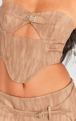 Brown Washed Faux Leather Buckle Detail Top