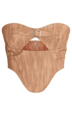 Brown Washed Faux Leather Buckle Detail Top