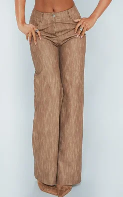 Brown Washed Faux Leather Belted Straight Leg Pants