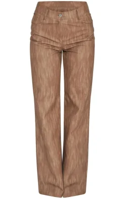 Brown Washed Faux Leather Belted Straight Leg Pants