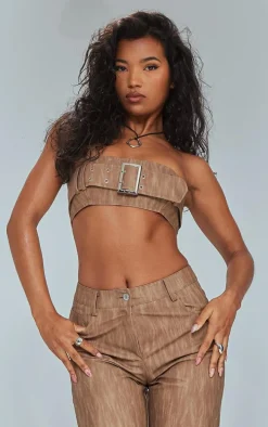 Brown Washed Faux Leather Belted Micro Bandeau