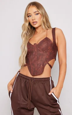 Brown Washed Faux Leather Cross Halterneck Dip Hem Corset