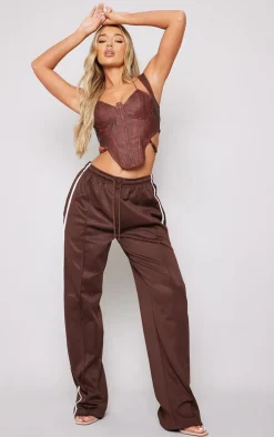 Brown Washed Faux Leather Cross Halterneck Dip Hem Corset