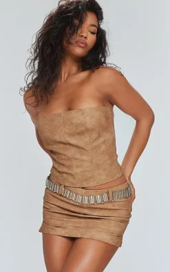 Brown Washed Faux Leather Low Rise Seam Detail Micro Mini Skirt