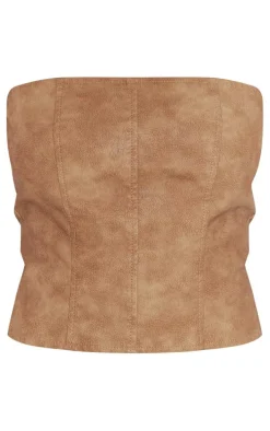 Brown Washed Faux Leather Seam Detail Corset