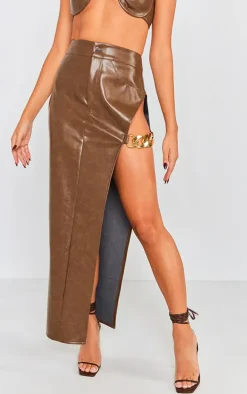 Brown Washed Faux Leather Chain Detail Extreme Split Midaxi Skirt