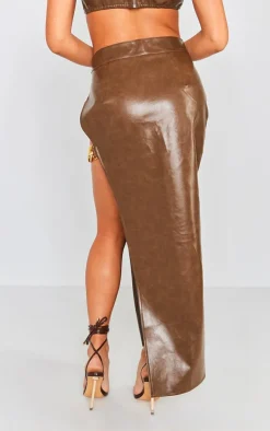 Brown Washed Faux Leather Chain Detail Extreme Split Midaxi Skirt