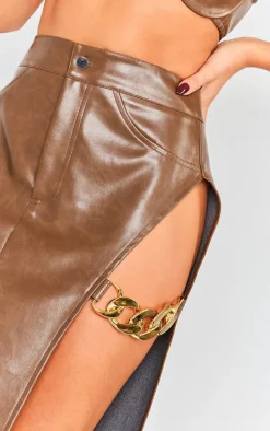 Brown Washed Faux Leather Chain Detail Extreme Split Midaxi Skirt