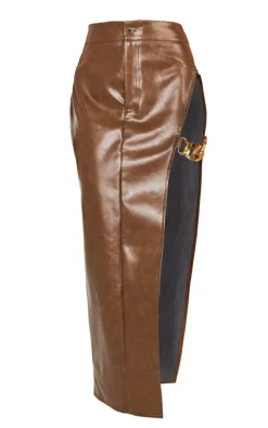 Brown Washed Faux Leather Chain Detail Extreme Split Midaxi Skirt