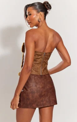 Brown Washed Faux Leather Lace Up Front Fur Trim Under Wire Crop Top