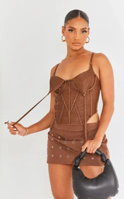 Brown Washed Faux Leather Under Wire Seam Detail Corset