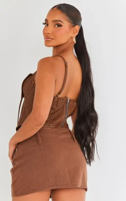 Brown Washed Faux Leather Under Wire Seam Detail Corset