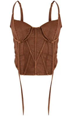 Brown Washed Faux Leather Under Wire Seam Detail Corset
