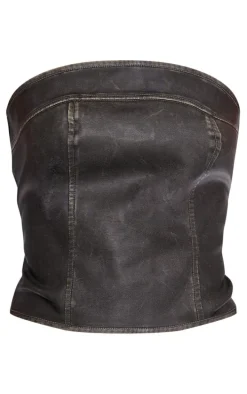 Brown Washed Faux Leather Longline Bandeau