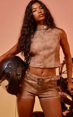 Brown Washed Faux Leather Lace Up Detail Long Top