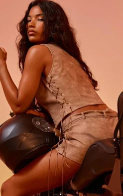 Brown Washed Faux Leather Lace Up Detail Long Top