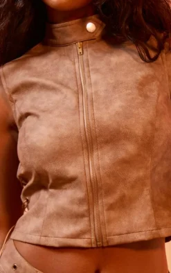 Brown Washed Faux Leather Lace Up Detail Long Top