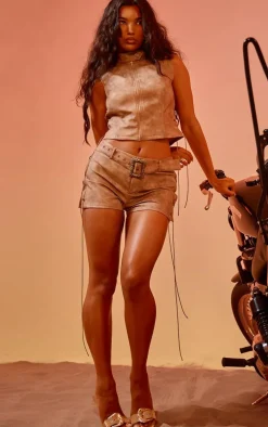 Brown Washed Faux Leather Lace Up Detail Buckle Hotpants