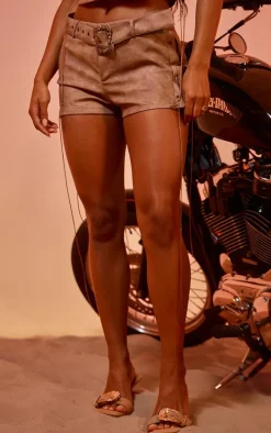 Brown Washed Faux Leather Lace Up Detail Buckle Hotpants