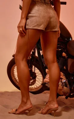 Brown Washed Faux Leather Lace Up Detail Buckle Hotpants