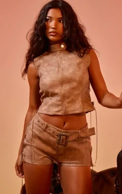 Brown Washed Faux Leather Lace Up Detail Buckle Hotpants