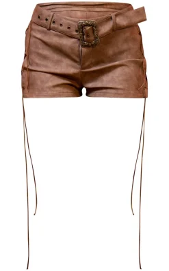 Brown Washed Faux Leather Lace Up Detail Buckle Hotpants
