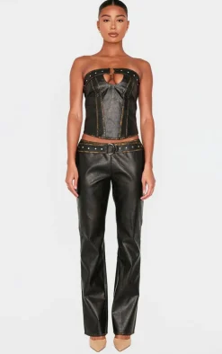 Brown Washed Faux Leather Belted Straight Leg Pant