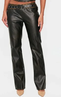 Brown Washed Faux Leather Belted Straight Leg Pant