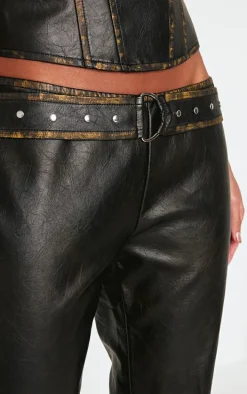 Brown Washed Faux Leather Belted Straight Leg Pant