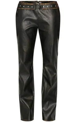 Brown Washed Faux Leather Belted Straight Leg Pant