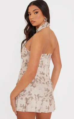 Brown Washed Floral Print Backless Halterneck Top