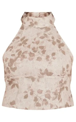 Brown Washed Floral Print Backless Halterneck Top