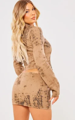 Brown Washed Woven Zip Up Split Top