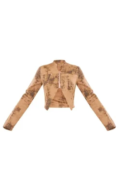 Brown Washed Woven Zip Up Split Top