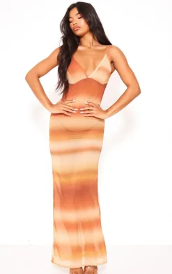 Brown Watercolour Print Strappy Backless Maxi Dress
