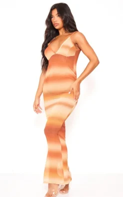 Brown Watercolour Print Strappy Backless Maxi Dress