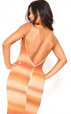Brown Watercolour Print Strappy Backless Maxi Dress