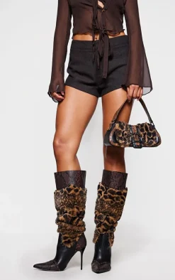 Brown Wide Fit Croc PU Faux Fur Point Toe Knee High Stiletto Heeled Boots