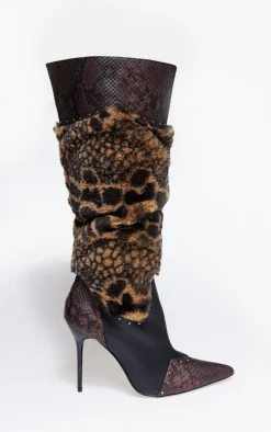 Brown Wide Fit Croc PU Faux Fur Point Toe Knee High Stiletto Heeled Boots