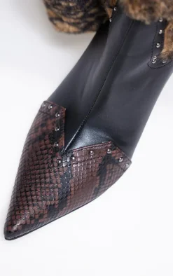 Brown Wide Fit Croc PU Faux Fur Point Toe Knee High Stiletto Heeled Boots