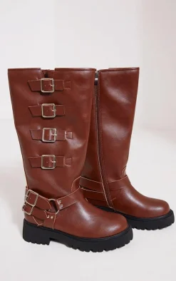 Brown Wide Fit PU Round Toe Multi Buckle Calf High Boots