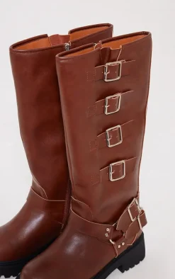 Brown Wide Fit PU Round Toe Multi Buckle Calf High Boots