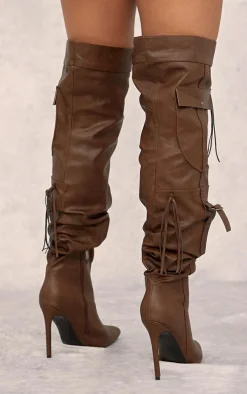 Brown Wide Fit PU Point Toe Utility Buckle Over The Knee Fringed Boots