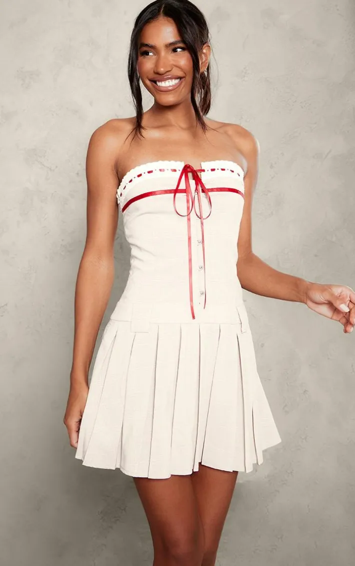 Brown Woven Check Contrast Ribbon Pleated Shift Dress